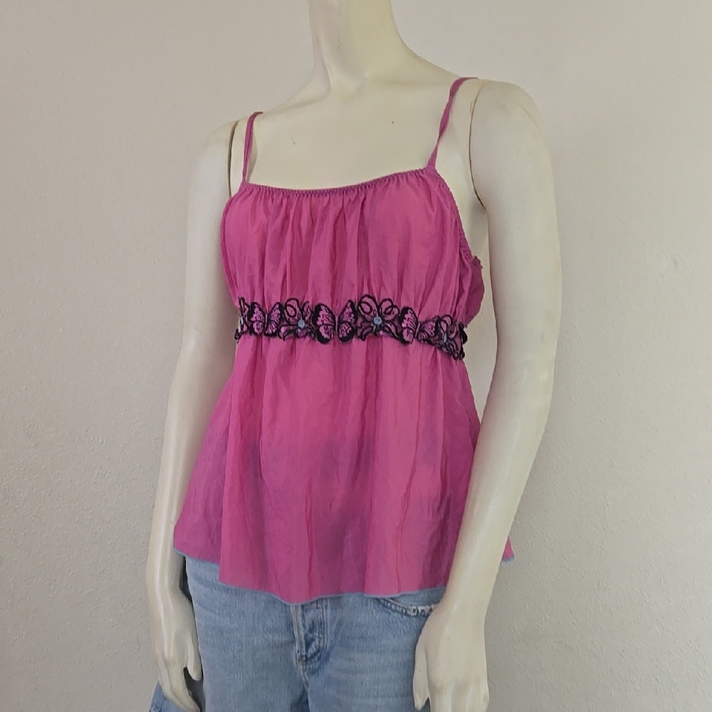 Pink Sleeveless Top with Black Lace Detail